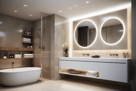 Bathroom interior with white bathtub and mirror. 3d renderingの素材