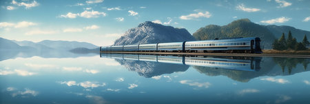 Train with reflection in water. Panoramic view of the mountains.の素材