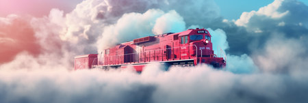 Red freight train in the clouds. Freight transportation. 3d renderingの素材