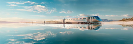 High speed train with reflection in water. Panoramic view.の素材