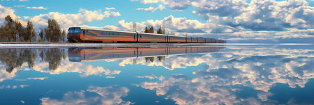 High speed train with reflection in the water. Panoramic images.の素材