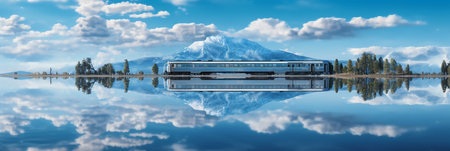 High-speed train with reflection of the mountains in the lake.の素材
