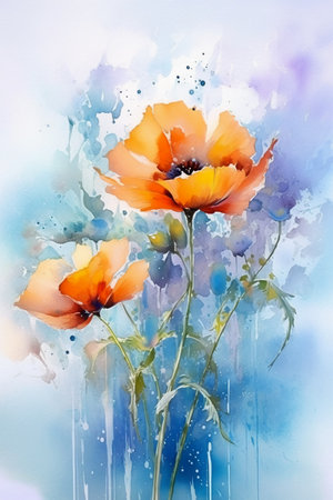 Watercolor painting of poppy flowers on watercolor background. Spring flowersの素材
