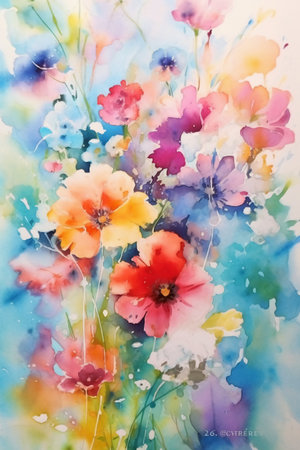 Colorful flowers watercolor painting on paper. Spring. Summer.の素材