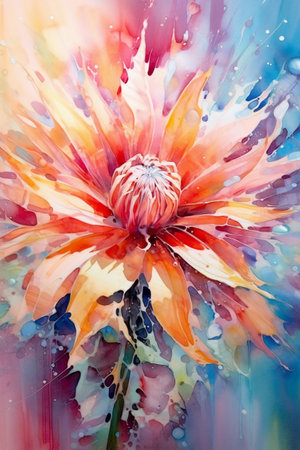 Watercolor painting of orange dahlia flower on abstract background.の素材