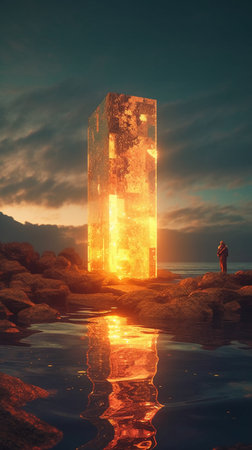 Fantasy alien woman standing on stone with big glass block. 3d illustrationの素材