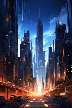 Futuristic city at night, 3d rendering. Computer digital drawing.の素材