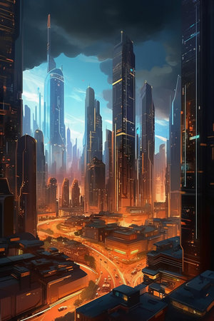 Futuristic city with skyscrapers and high-rise buildings.の素材
