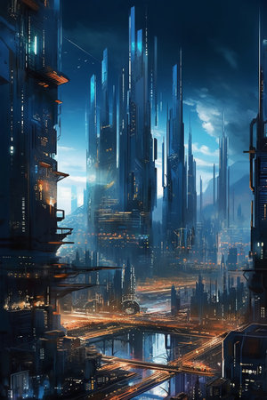 Futuristic city at night with skyscrapers and high-rise buildingsの素材