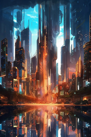 Illustration of skyscrapers on the background of the night cityの素材