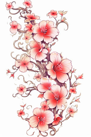 Hibiscus flowers and leaves on the white background. Vector illustration.の素材