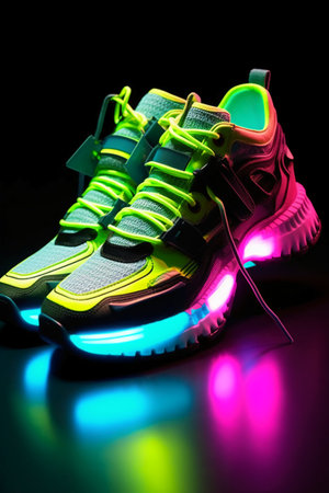 Sneakers on a black background with multicolored lights.の素材