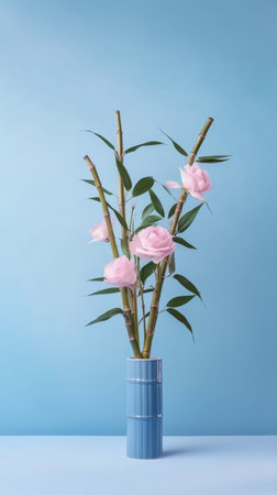 Bouquet of pink roses in a blue vase on a blue backgroundの素材