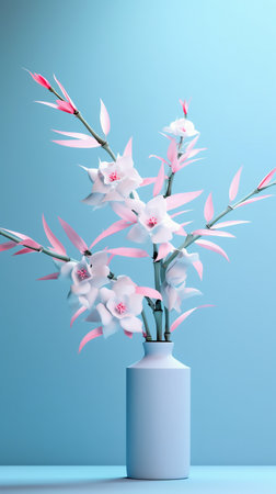 White orchid in vase on blue background. 3d renderingの素材