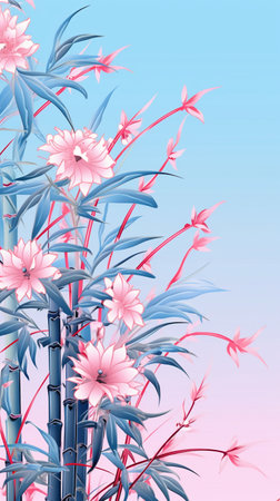 Japanese style background with bamboo and pink flowers. EPS10 vector.の素材