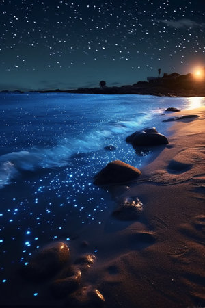 Night view of the beach and the sea with starry sky.の素材