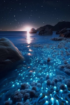 Beautiful night seascape with stars and moon. 3d renderingの素材