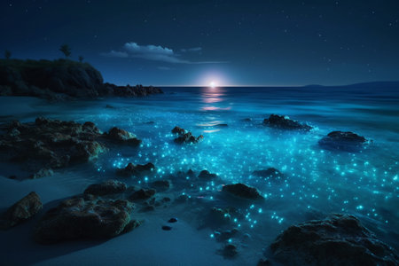 Beautiful night seascape with starry sky. 3d renderingの素材