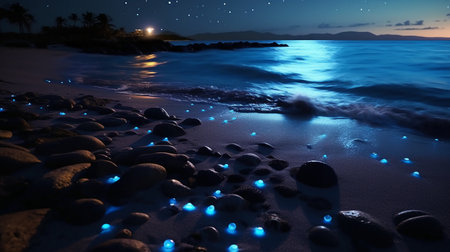 Beautiful seascape at night with a full moon and starsの素材