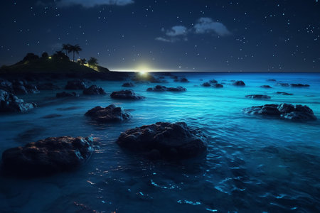 Beautiful night seascape with moon and stars. 3d renderingの素材