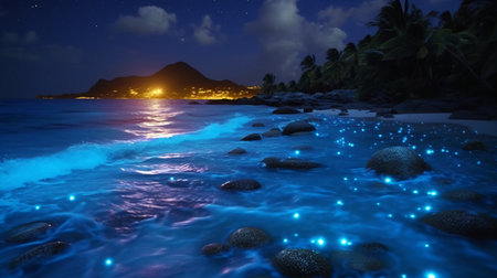 Tropical beach at night with palm trees and rock in the foregroundの素材