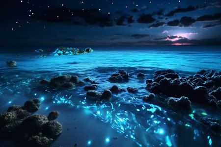 Beautiful seascape at night with starry sky and seaの素材