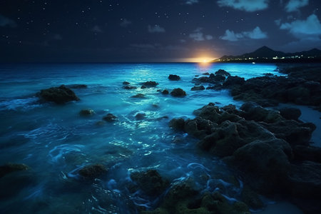 Beautiful seascape at night with a starry sky.の素材