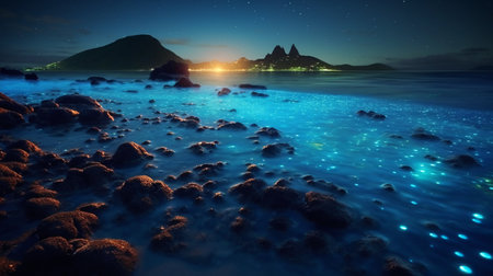 Fantasy landscape with mountains and sea at night. 3d renderingの素材