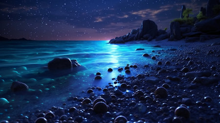 Beautiful seascape with rocks and stars. 3d renderingの素材