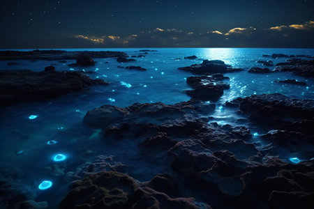 Night seascape with blue sea and stones. 3d renderの素材
