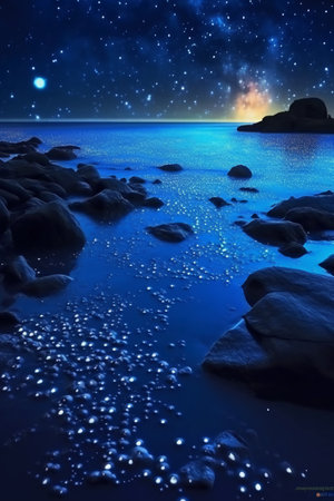 Beautiful night landscape with starry sky and sea. 3d renderingの素材