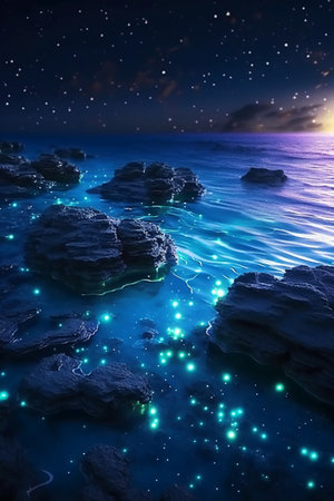 3D illustration of a beautiful seascape at night with starsの素材