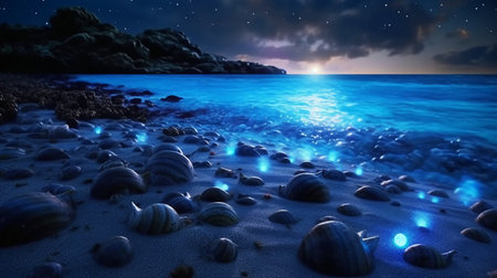 Beautiful seascape with rocks and sea at night. 3d renderingの素材