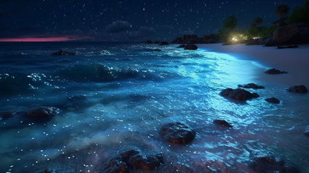 Beautiful seascape with starry sky at night. 3d renderingの素材
