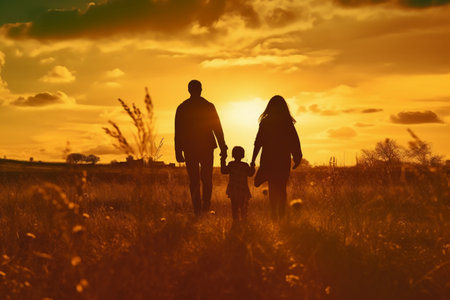 Silhouette of a family walking in the field at sunset.の素材