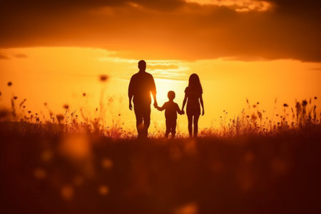 Silhouette of a family on the background of the setting sunの素材