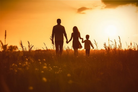 Silhouette of a happy family walking in the field at sunsetの素材
