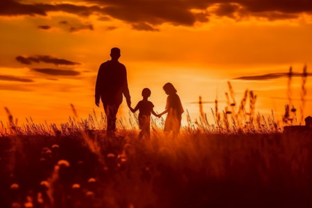 Silhouette of a happy family walking in the field at sunsetの素材