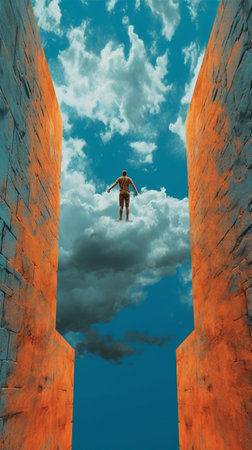3d illustration of a young man jumping from a wall to the skyの素材