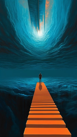 Concept or conceptual 3D business man or businessman climbing a stair over a deep blue ocean or sea with light at the endの素材