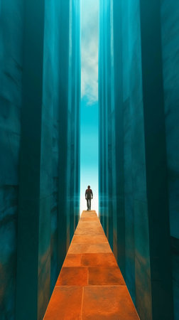 Conceptual 3D business man standing on a stair over a blue sky backgroundの素材