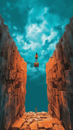 Woman standing on the edge of a cliff. Conceptual image.の素材