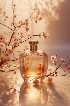 Bottle of perfume with blooming branch on color background, closeupの素材