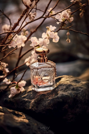 Perfume bottle with cherry blossom branch on the rock.の素材