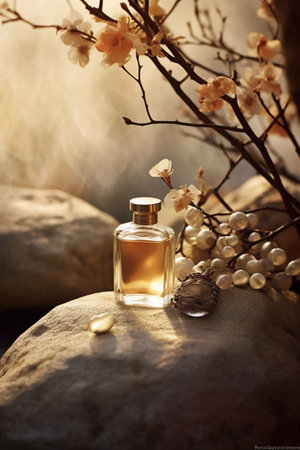 Bottle of perfume on a stone with flowers and leaves on the backgroundの素材
