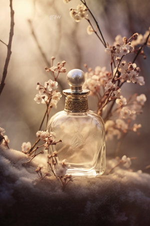 Perfume bottle with spring flowers on snow, filtered image.の素材