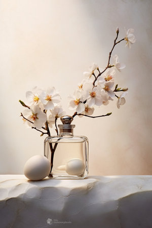 Bottle of perfume with spring cherry blossom flowersle tableの素材