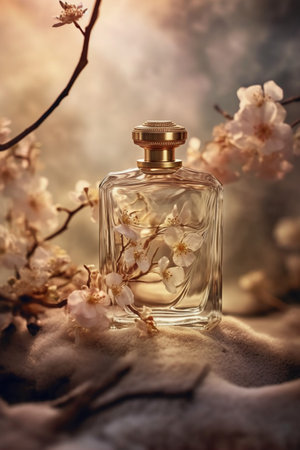 Bottle of perfume with blooming branch on blurred background, closeupの素材
