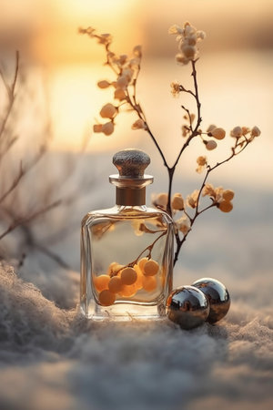 Bottle of perfume with sea buckthorn flowers on snow at sunsetの素材