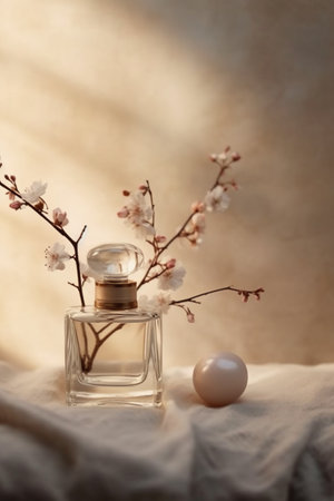 Bottle of perfume with blooming branch on beige background.の素材